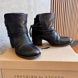 freebird Black Leather Wrapped Lace Ankle Boots - In Original Packaging
